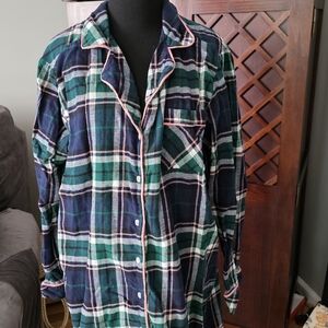 Liz Claiborne Green and Pink Plaid Sleepwear Long Top Sleep Shirt